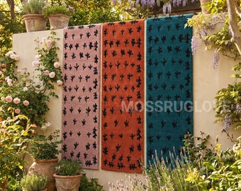 Botanischer Teppich aus handgetufteter Wolle, moderner Teppich aus Kiefernholz, terrakotta-orange-türkiser Teppich im Eingangsbereich, benutzerdefinierter niedlicher Gartenteppich