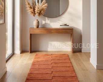Terrakotta Handgetufteter Wollteppich, Moderner Rost Flur Teppich, Minimalistischer Orange Eingangsbereich Teppich, Geometrischer Weicher Teppich in Sondergröße
