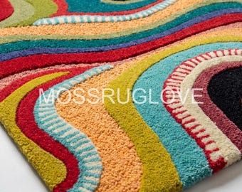 Kleurrijk wollen handgetuft tapijt abstract kleurrijk geode tapijt, levendig getuft tapijt met golvende lijnen, modern veelkleurig vloerkleed