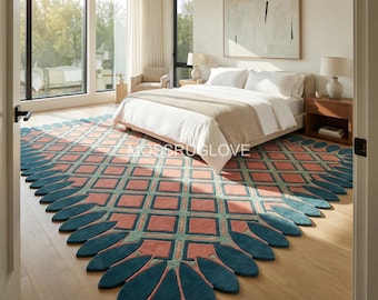 Perzik en groenblauw lotusbladtapijt, uniek getuft tapijt met bloembladrand, modern geometrisch vloerkleed voor slaapkamer, groot custom designer tapijt 10 x 14