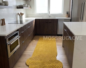 Mustard Yellow Abstract Wavy Kitchen Runner Rug 3x8 3x12 3x15 Soft Wool Hallway Runner Rug Stair 3x20 Rug Handmade Woolen Rug