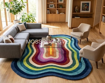 Kleurrijk golvend geometrisch tapijt, levendig veelkleurig abstract tapijt, funky esthetisch getuft tapijt, handgetuft tapijt met golvende vorm