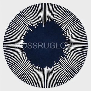 Marineblauw en wit rond tapijt, modern rond zonnestraaltapijt handgetuft tapijt met radiaal patroon, minimalistisch abstract vloerkleed