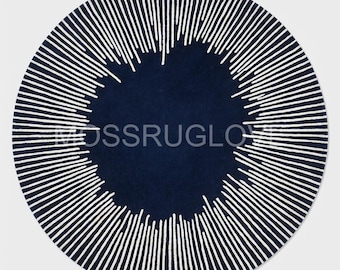 Marineblauw en wit rond tapijt, modern rond zonnestraaltapijt handgetuft tapijt met radiaal patroon, minimalistisch abstract vloerkleed