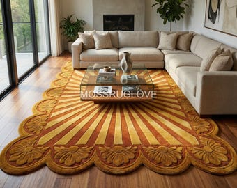 Sunburst geschulpt vloerkleed mosterdgeel en oranje getuft tapijt halverwege de eeuw modern vloerkleed boho woonkamerdecor, handgetuft zontapijt