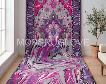 Smeltend Perzisch tapijt roze en paars vloerkleed met psychedelische vorm uniek karpet 5 x 8 6 x 9 funky interieur, artistiek aangepast tapijt aangepaste formaten tapijten