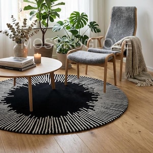 Modern zwart-wit rond tapijt, zonnestraalvormig radiaal patroon rond tapijt, 5 x 5 6 x 6 7 x 7 8 x 8 handgetuft abstract vloerkleed kantoor slaapkamer