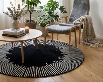 Modern zwart-wit rond tapijt, zonnestraalvormig radiaal patroon rond tapijt, 5 x 5 6 x 6 7 x 7 8 x 8 handgetuft abstract vloerkleed kantoor slaapkamer