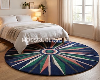 Modern rond handgemaakt tapijt, marineblauw en roze sunburst cirkelvormig tapijt, handgetuft geometrisch sterrenkleed, levendig abstract vloerkleed 5 x 5 6 x 6 7 x 7