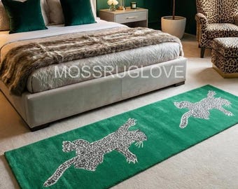 Grüner Leopard Handgeknüpfter Treppenläufer, Luxus Animal Print Wolltreppenteppich, Handgefertigter Treppenläufer Teppich 3X32, 3X16, 3X20
