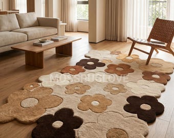 Blumen Hand getuftet Wollteppich, moderner niedlicher Teppich in Blumenform, creme braun ästhetischer Bereich Teppich, kundenspezifische Schlafzimmer Wohnzimmer Bodenmatte, Kinderteppich