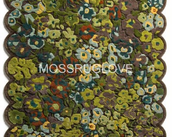 Handgemaakt mostapijt, bloementapijt met geschulpte rand, getuft tapijt botanische tuin, 3D-bloemtapijt voor slaapkamer, inrichting groene weide
