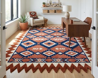 Zuidwestelijk stamtapijt, terracotta marineblauw geometrisch tapijt, zuidwestelijk decor getuft tapijt, handgetuft tapijt met zigzagrand rustiek huis