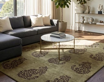 Gorgeous Leopard Motif Green Rug - Unique Handtufted Feline Wildlife Carpet - Sage Green Cheetah Rug - Housewarming Gift Luxury Living Area