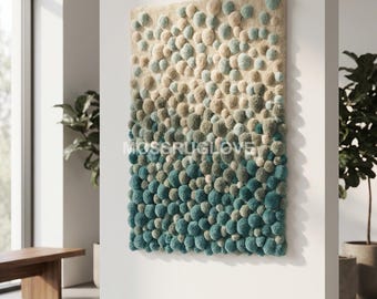 3D Blue Ombre Moss Rug - Hand-Tufted Ocean Inspired Wall Art - Teal & Beige Gradient Texture Carpet - Coastal Decor 3D Moss Wall Hanging