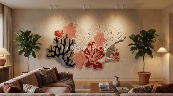 3D Coral Reef Wall Hanging Rug Hand-Tufted Pink and Beige Underwater Rug Abstract Fiber Art Organic Shape Ocean Wall Decor Custom Size