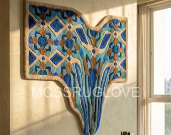 Handgemaakt getuft smeltend muurkleed abstract geometrisch blauw 5 x 5 tapijt op maat onregelmatig gevormd muurkleed kunst