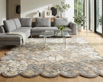 Beige botanisch getuft tapijt, minimalistisch esthetisch tapijt, gedempte tinten bloementapijt voor slaapkamer, handgetuft geschulpt randtapijt