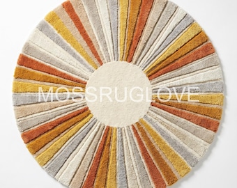 5 x 5 rond neutraal zonnestraaltapijt beige en mosterdgeel zonnestraal rond tapijt, handgetuft tapijt met radiaal patroon, minimalistisch vloerkleed in aardetinten
