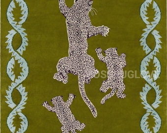 Hand Tufted Climbing Leopard Rug - Olive Green Wool Carpet for Living Room - Exotic Animal Print Rug - Luxury Safari Home Decor Area Rug