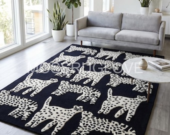 Zwart-wit kattentapijt, handgetuft wollen tapijt met dierenpatroon handgemaakt 6 x 9 karpet Uniek luxe huiscadeau, op maat gemaakte tapijten