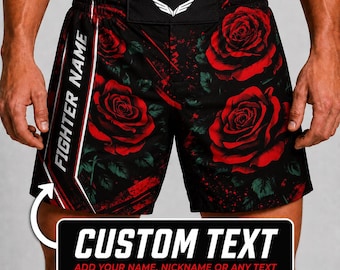 Custom MMA Fight Shorts – Red Rose Floral Combat Shorts – Personalized Muay Thai, Boxing, Grappling Trunks