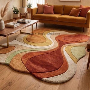 Modern Abstract Irregular Shaped Wool Area Rug Mid Century Modern Wavy Tufted Carpet Unique Geometric Earth Tone Rug Terracotta Rust Mustard