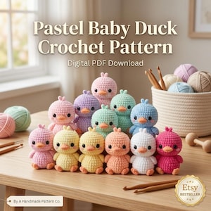 May include: A collection of pastel-colored crochet ducklings in various shades of pink, yellow, green, blue, and purple. The image includes the text "Pastel Baby Duck Crochet Pattern" and "Digital PDF Download". The Etsy Bestseller badge is visible.