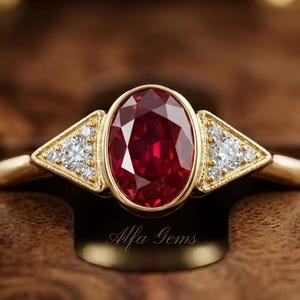 Celidoni Ruby Ring | Oval Red Gemstone, Diamond Accents, Gold Finish, Vintage Statement Jewelry