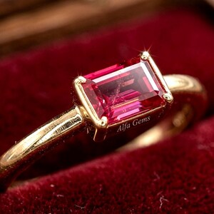 Ruby Baguette Ring, Minimalist Gold Finish, Elegant Engagement, Alfa Gems Jewelry