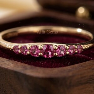 Dainty Ruby Pink Sapphire Wedding Ring, Minimalist Gold Gemstone Band