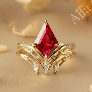 Kite Cut Ruby Engagement Ring, V Shape Chevron Gold, Marquise Diamond Accent, Statement Bridal
