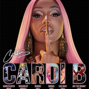 May include: A promotional image featuring Cardi B with pink hair, gold jewelry, and a long gold nail. The image includes the text "CARDI B" and album titles such as "Gangsta Bitch Music 2016" and "Invasion of Privacy 2018."