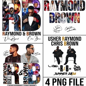 May include: A digital collage featuring Usher Raymond and Chris Brown, showcasing multiple photographic portraits of both artists, stylized typography spelling out Raymond and Brown, and their printed signatures on a white background.