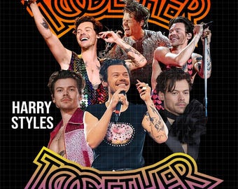 May include: A graphic featuring multiple images of Harry Styles, with the word "TOGETHER" in a stylized, colorful font. The words "HARRY STYLES" are also present. The background is a black grid.