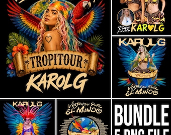 May include: A digital graphic bundle featuring five Karol G designs with tropical themes, including a globe, colorful parrot wings, hibiscus flowers, and the text Viajando Por El Mundo and Tropitour. The collection includes various performance images.