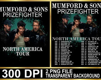 Diseño de camiseta en formato PNG de la gira Prizefighter de Mumford & Sons 2026 (descarga digital)