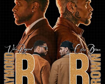 May include: A promotional image featuring Usher Raymond and Chris Brown. The image has a black background with the two artists' faces in profile. The letters "R" and "B" are in gold glitter, with the names "Usher Raymond" and "Chris Brown" below.