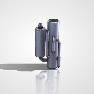 May include: A gray industrial mechanical component featuring a large central cylindrical pipe connected to a smaller side cylinder by a curved pipe, with additional vertical pipes and small fittings attached to the main structure.