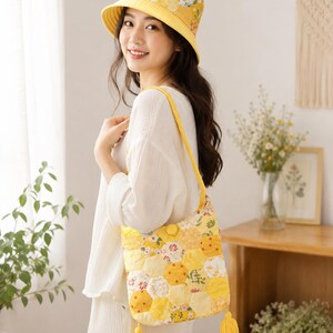Sac à bandoulière en patchwork hexagonal, sac à main bohème matelassé, sac à fleurs Naturecore, cadeaux uniques pour elle