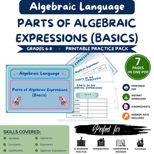 Op de afbeelding: Een printbaar oefenpakket getiteld Algebraic Language Parts of Algebraic Expressions (Basics) voor groep 8 en de eerste klassen. De set bevat 7 pagina's in één PDF, met 6 werkbladen en antwoordsleutels over variabelen, constanten, coëfficiënten en exponenten.