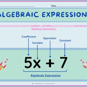 May include: An educational worksheet titled Algebraic Expressions featuring a definition and a labeled example of 5x + 7. The layout includes rocket ship graphics, lines for name and date, and arrows pointing to the coefficient, variable, operation, and constant.
