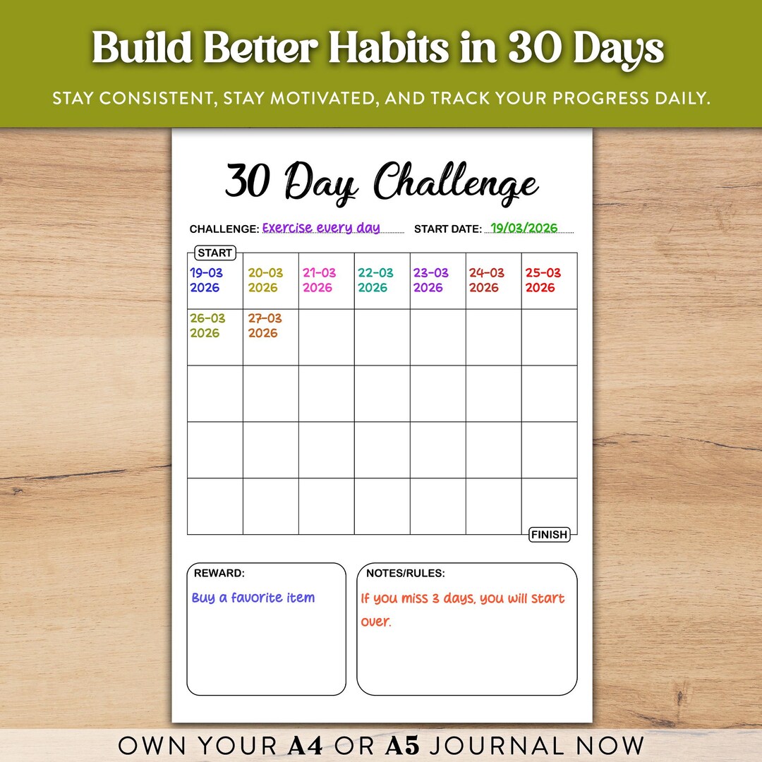 30 Day Challenge Printable | Habit Tracker Journal | 30 Day Progress ...