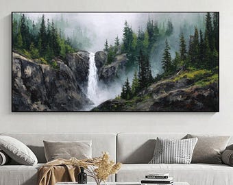 Majestueuze mistige waterval olieverfschilderij, humeurig groen dennenbos kunst aan de muur, getextureerde Rocky Mountain Home decor, natuur landschap canvas kunst