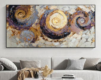Abstract gouden spiraalolieverfschilderij, zware textuur paarse Swirl Galaxy muurkunst, rijke Impasto kosmische canvaskunst, decor moderne woonkamer