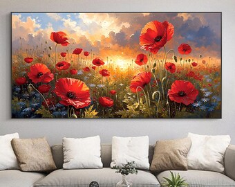 Peinture à l'huile de champ de coquelicots rouges, art mural floral coucher de soleil vibrant, décoration d'intérieur prairie texturée, art sur toile beau paysage naturel