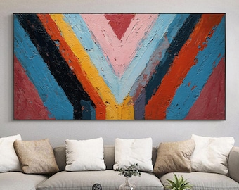 Dipinto ad olio geometrico originale e colorato, quadro su tela con strisce luminose e strutturate, decorazione murale astratta moderna a impasto, regalo personalizzato.