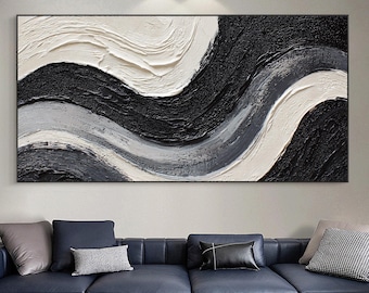 Grande dipinto ad olio ondulato in bianco e nero, opera d'arte astratta originale con texture, arredamento minimalista e moderno, tela con spessi vortici a impasto.