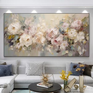 Pintura al óleo abstracta romántica de rosas, arte mural floral texturizado, lienzo grande de flores en tonos neutros, decoración moderna y elegante para la sala de estar.