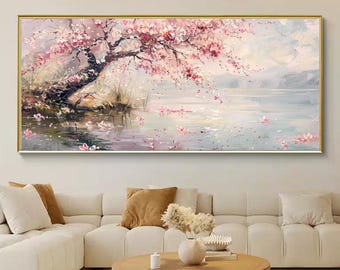 Dipinto ad olio di un albero di ciliegio in fiore rosa, calma natura dai colori pastello su tela, sereno lago di primavera su tela, romantica scena floreale per l'arredamento di casa